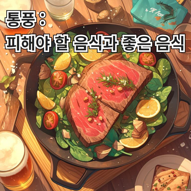 통풍에 안좋은 육류, 생선류, 술 등의 음식의 그림.